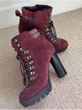 Nine West Burgundy Suede Lace-Up Platform Booties
